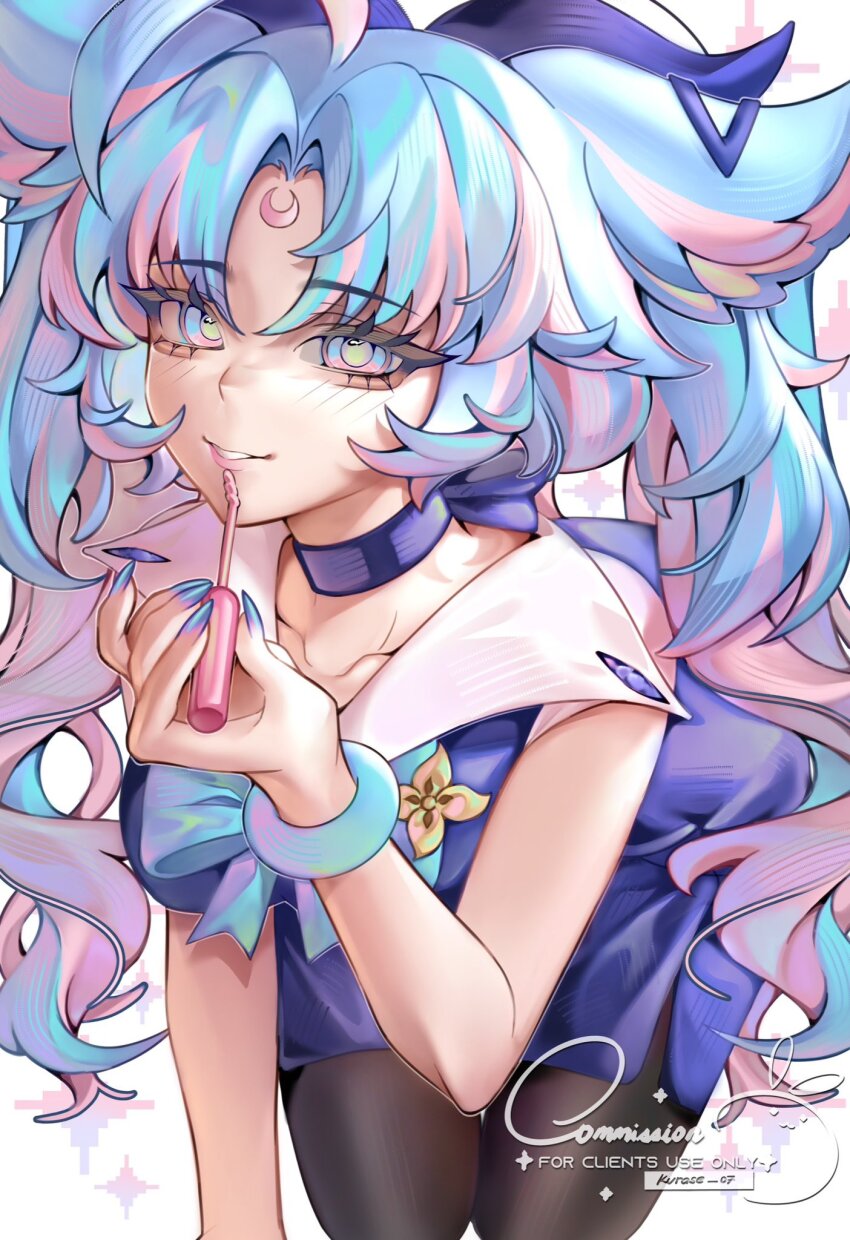 1girl, aegyo_sal, animal_ears, applying_lipstick, applying_makeup, applying_own_makeup, black_thighhighs, blue_choker