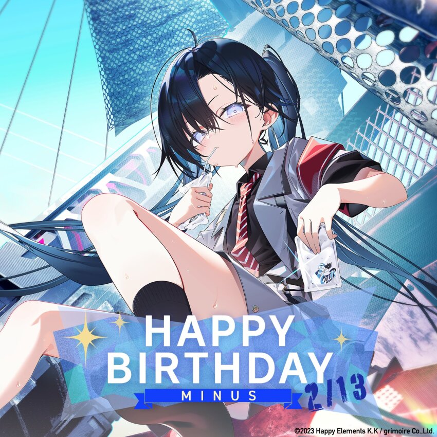 armband, artist_request, asymmetrical_bangs, black_hair, black_shirt, black_socks, character_name, collared_shirt