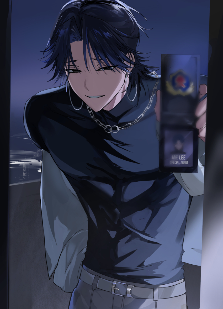1boy, arm_behind_back, belt, black_eyes, black_shirt, blue_hair, blurry, blurry_foreground