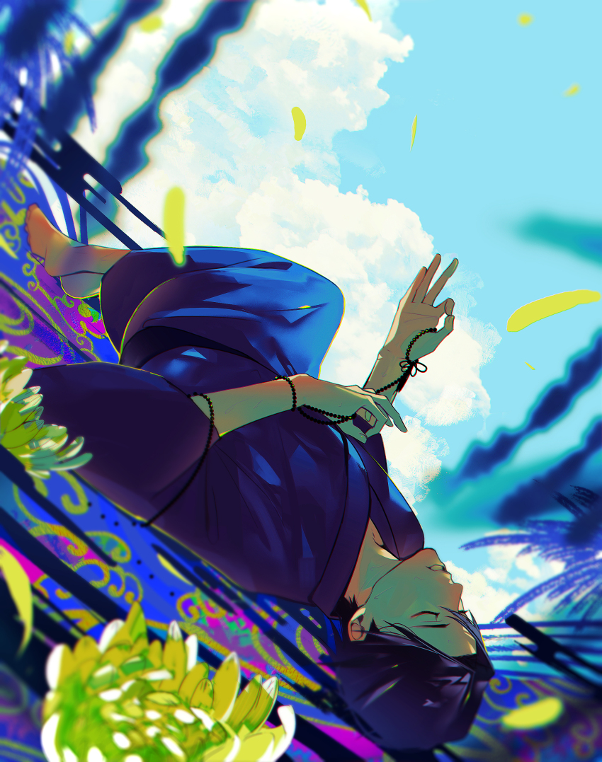 1boy, absurdres, barefoot, beads, closed_eyes, cloud, commentary, flower