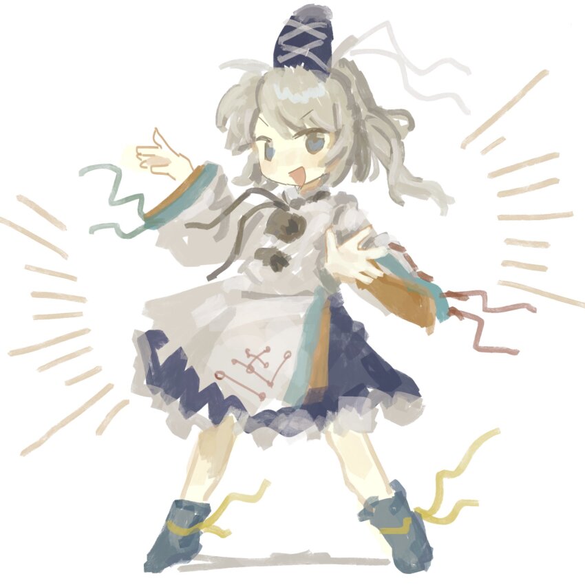 1girl, black_ribbon, blue_eyes, blue_hat, blue_ribbon, blue_shoes, blue_skirt, commentary_request