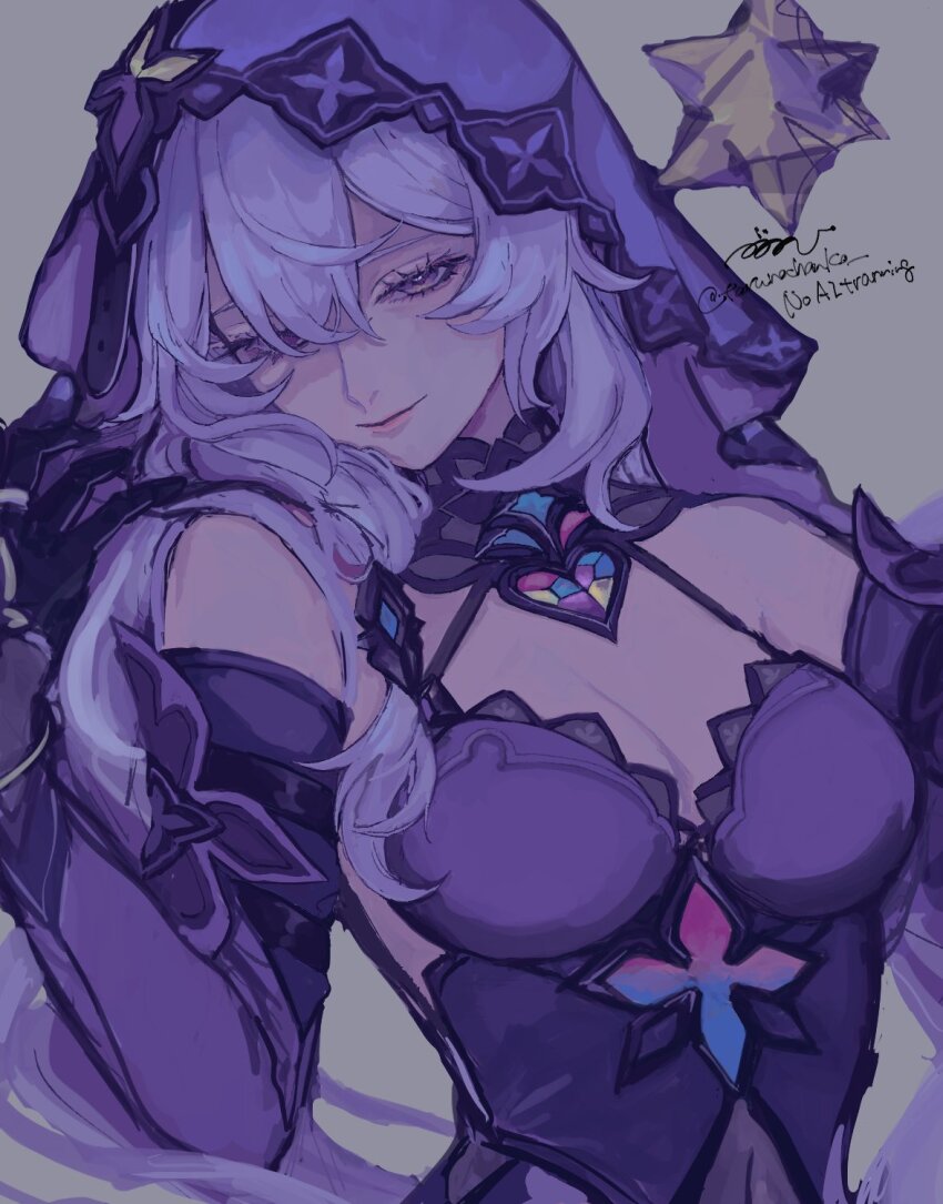 1girl, bare_shoulders, black_gloves, black_swan_(honkai:_star_rail), breasts, cleavage, commentary, detached_collar, detached_sleeves, gloves, grey_background, hair_between_eyes, hair_over_shoulder, hand_up, highres, honkai:_star_rail, honkai_(series), long_hair, long_sleeves, looking_at_viewer, medium_breasts, purple_eyes, purple_hair, purple_shirt, purple_sleeves, purple_veil, shirt, simple_background, smile, solo, tarunochanko, upper_body, veil, watermark