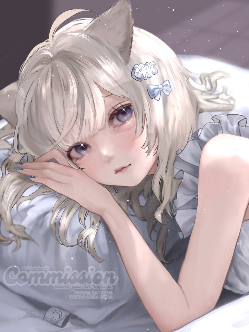 1girl, aegyo_sal, ahoge, animal_ears, blonde_hair, blue_eyes, bow, cat_ears