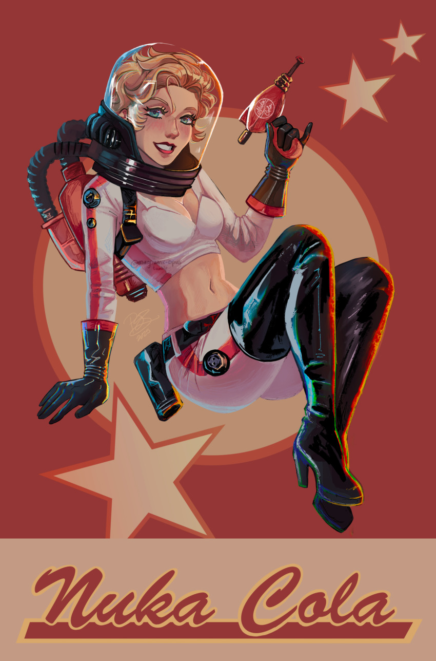 1girl, aqua_eyes, back_holster, black_boots, black_gloves, blonde_hair, boots, breasts