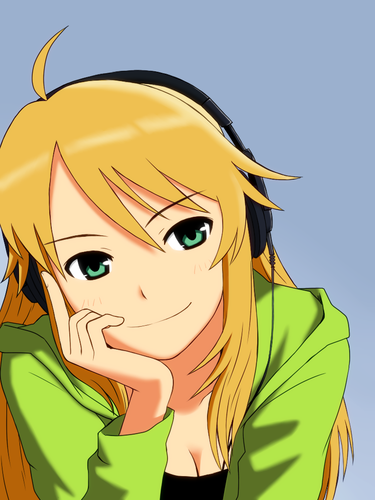 1girl, ahoge, blonde_hair, breasts, cleavage, earphones, female_focus, green_eyes