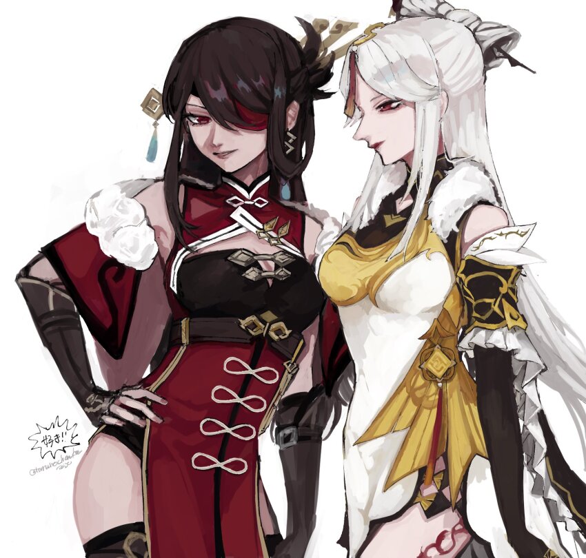 2girls, bare_shoulders, beidou_(genshin_impact), black_gloves, black_thighhighs, blush, breasts, brown_gloves, brown_hair, cape, chinese_clothes, cleavage, colored_eyepatch, commentary_request, cowboy_shot, dress, elbow_gloves, eyepatch, fingerless_gloves, fur_shawl, genshin_impact, gloves, hair_ornament, hair_over_one_eye, hair_stick, hand_on_own_hip, highres, jewelry, large_breasts, leg_tattoo, long_hair, looking_at_viewer, multiple_girls, ningguang_(genshin_impact), nose, one_eye_covered, parted_bangs, profile, red_cape, red_eyes, red_lips, red_tattoo, shawl, simple_background, smile, tarunochanko, tassel, tattoo, thighhighs, white_background, white_hair