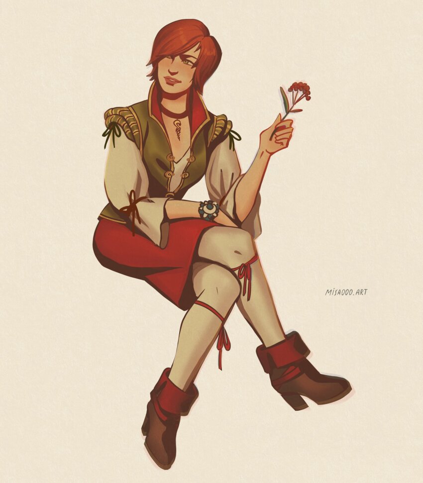 1girl, artist_name, black_choker, boots, brown_boots, choker, commentary, flower