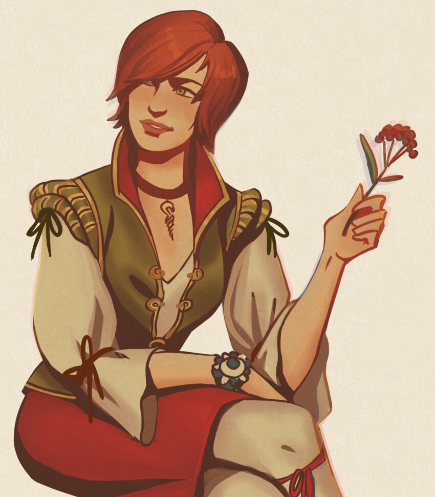 1girl, black_choker, choker, commentary, flower, green_eyes, green_jacket, grey_background