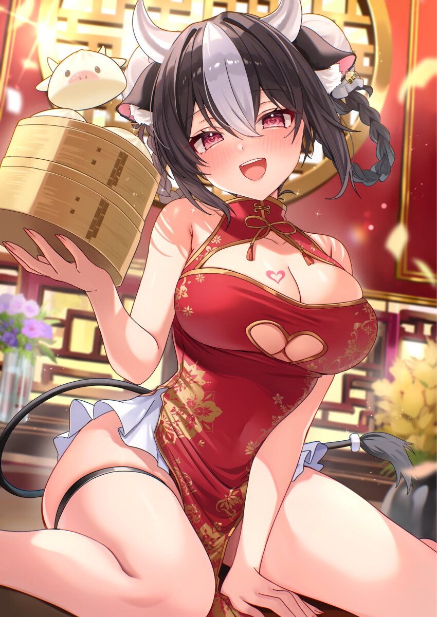 1girl, animal_ear_fluff, animal_ears, black_hair, blush, braid, breasts, china_dress