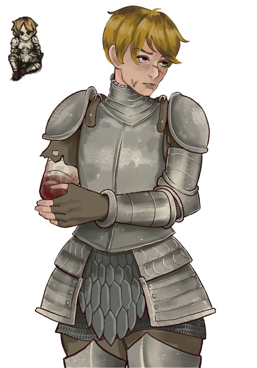 1girl, amputee, armor, bandages, blonde_hair, blood, bloody_bandages, brokenramen