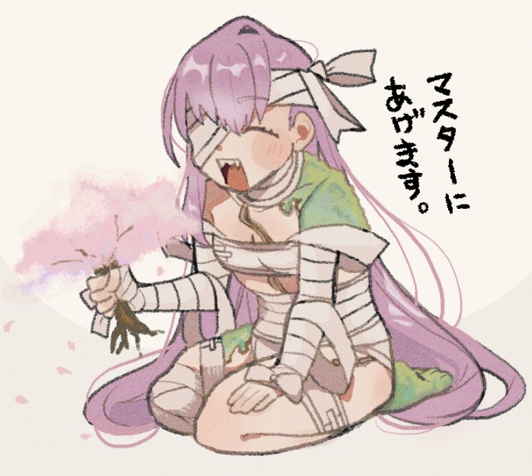 1girl, bandage_over_one_eye, bandaged_arm, bandaged_leg, bandages, blush_stickers, cherry_blossoms, cherry_tree