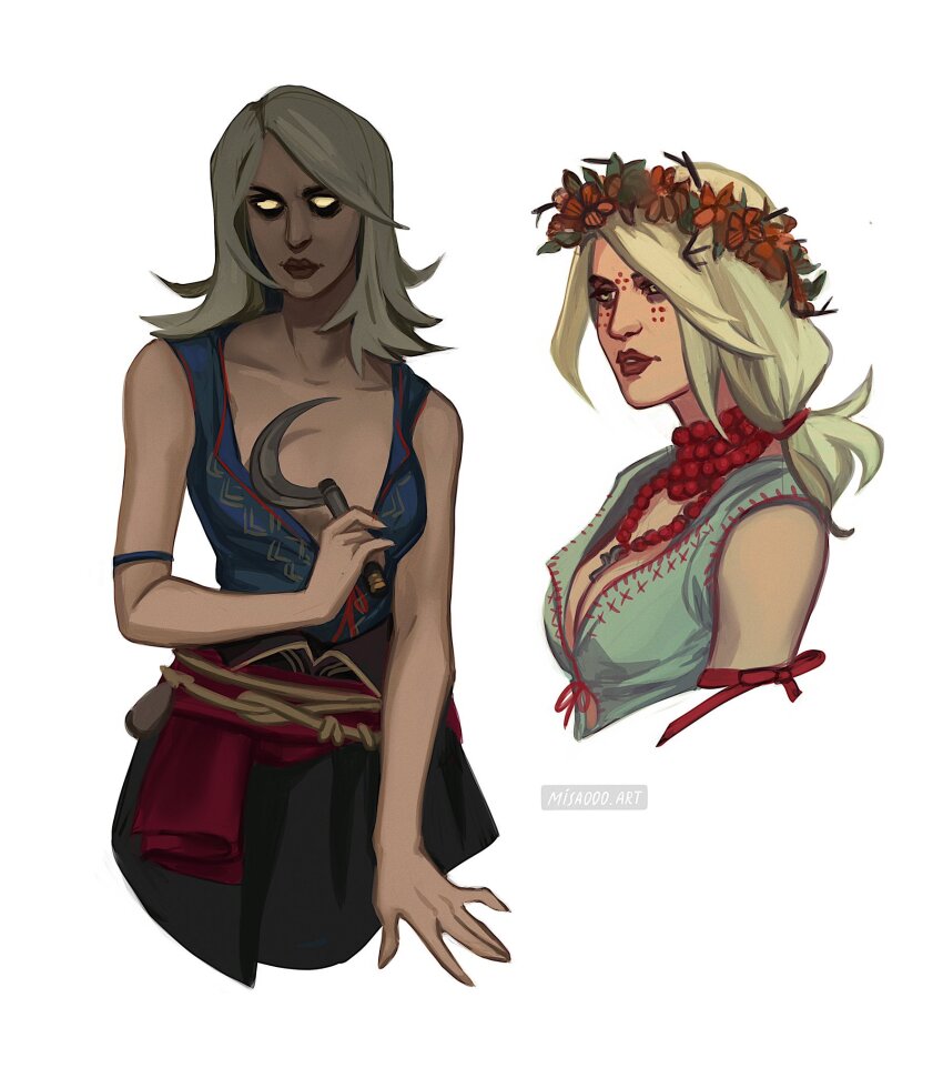 1girl, artist_name, blue_shirt, flower_wreath, head_wreath, highres, holding, holding_sickle