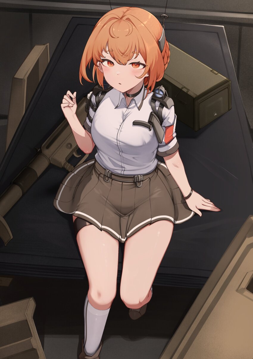 1girl, absurdres, ammunition_box, boots, bracelet, braid, cowlick, daebom, green_skirt, green_trim, gun, hair_between_eyes, hair_ornament, highres, jewelry, kneehighs, light_blush, looking_at_viewer, miniskirt, open_mouth, orange_eyes, orange_hair, original, personification, shirt, short_hair, short_sleeves, sitting, skirt, socks, spotlight, strap, thigh_strap, tow_hook, weapon, white_shirt, white_socks, white_trim