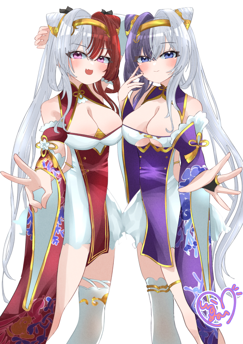 2girls, :>, absurdres, azur_lane, blue_eyes, blush, breasts, chao_ho_(azur_lane), chao_ho_(retrofit)_(azur_lane), cleavage, clothing_cutout, commentary_request, cone_hair_bun, detached_sleeves, double_bun, dress, fang, hair_bun, highres, large_breasts, looking_at_viewer, low_twintails, multicolored_hair, multiple_girls, open_mouth, purple_dress, purple_eyes, purple_hair, red_dress, red_hair, shiranuinuiko, siblings, signature, simple_background, single_thighhigh, sisters, skin_fang, split-color_hair, thighhighs, twintails, two-tone_dress, underboob, underboob_cutout, v, white_background, white_dress, white_hair, white_thighhighs, wide_sleeves, ying_swei_(azur_lane), ying_swei_(retrofit)_(azur_lane)