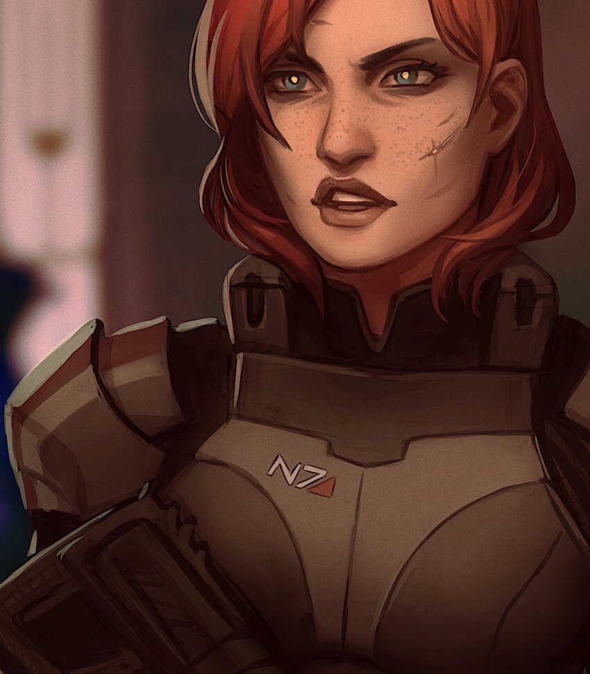 1girl, armor, blue_eyes, blurry, blurry_background, commander_shepard, commander_shepard_(female), depth_of_field, facial_scar, highres, looking_at_viewer, mass_effect_(series), misaooo_art, portrait, red_hair, scar, scar_on_cheek, scar_on_face, short_hair, solo