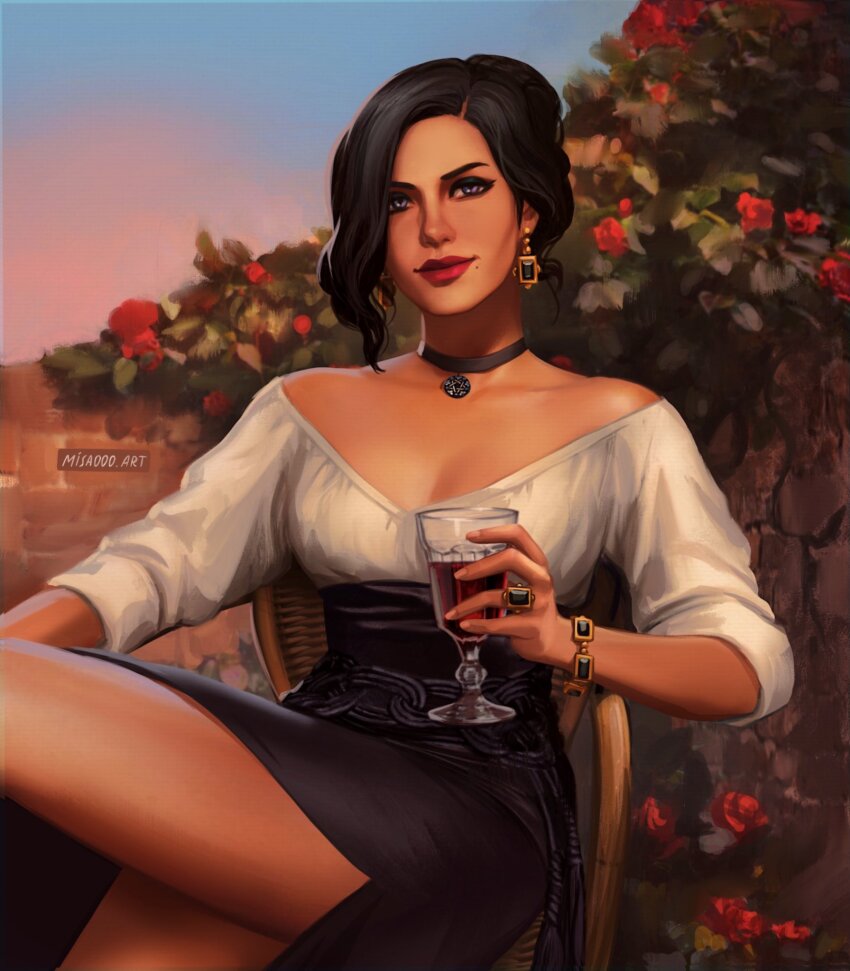 1girl, alternate_costume, alternate_hairstyle, artist_name, black_choker, black_skirt, bracelet, breasts, choker, cup, day, flower, glass, highres, holding, holding_cup, jewelry, misaooo_art, mole, mole_under_mouth, outdoors, pendant_choker, red_flower, ring, shirt, sidelocks, sitting, skirt, small_breasts, solo, the_witcher_(series), the_witcher_3, white_shirt, yennefer_of_vengerberg