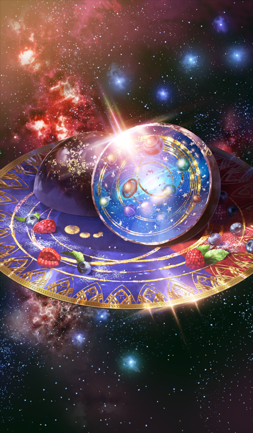 after_time_valentine_2026, blueberry, commentary_request, dessert, fate/grand_order, fate_(series), food, food_focus, fruit, galaxy, glint, matsushita_yukishou, no_humans, official_art, plate, raspberry, space, star_(sky), starry_sky_background, still_life, third-party_source