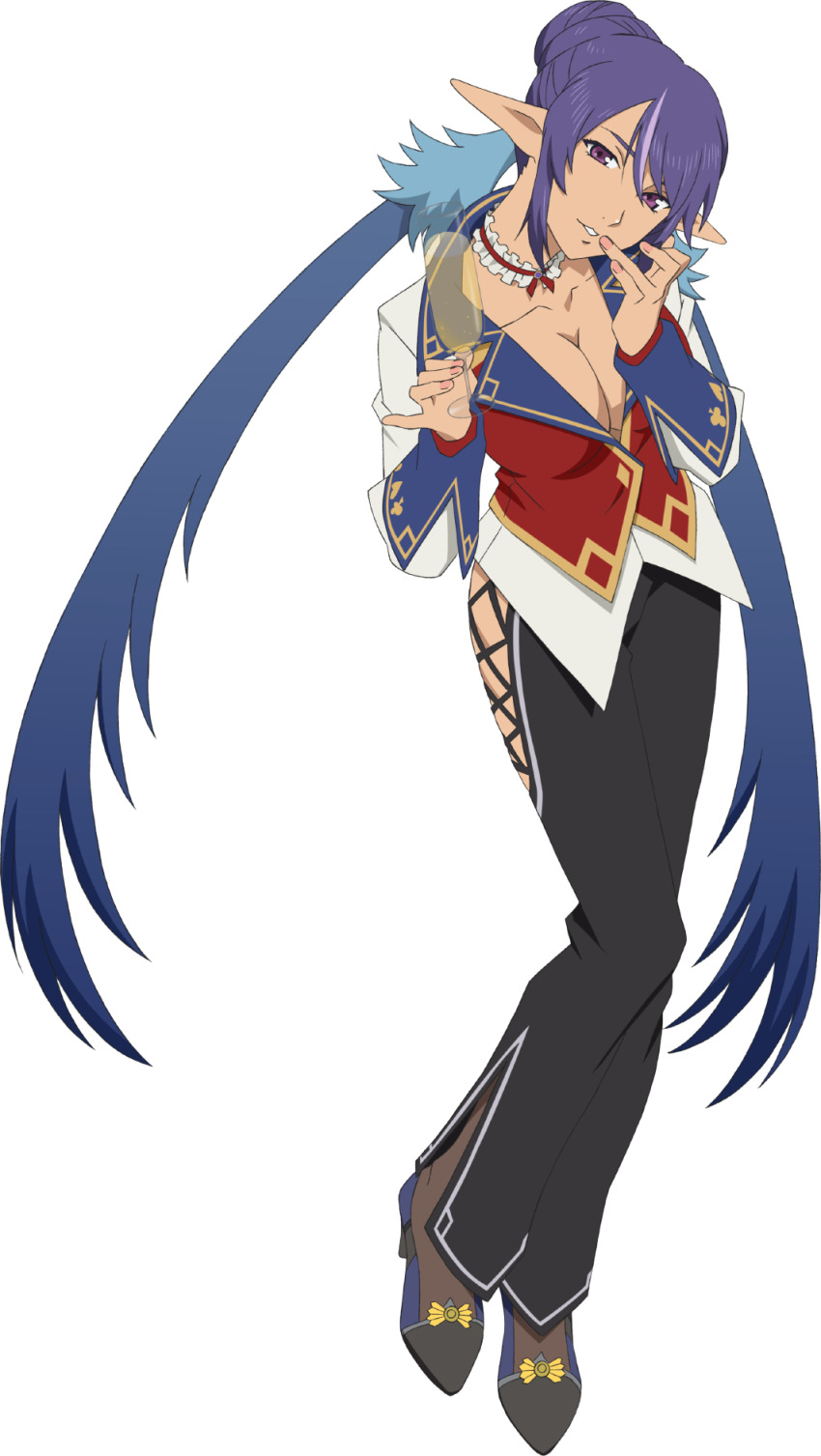 1girl, artist_request, black_pants, black_shoes, blue_hair, breasts, cleavage, closed_mouth, drink, finger_to_mouth, full_body, game_cg, highres, holding, holding_drink, judith_(legendary_gambler)_(tales), judith_(tales), large_breasts, long_hair, looking_at_viewer, multicolored_hair, official_alternate_costume, official_art, pants, pointy_ears, purple_eyes, purple_hair, shoes, smile, solo, standing, tales_of_(series), tales_of_asteria, tales_of_vesperia, third-party_source, transparent_background, twintails, two-tone_hair, very_long_hair