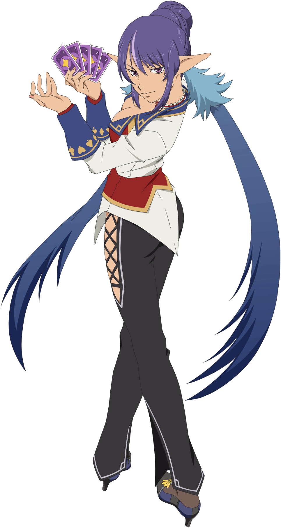 1girl, artist_request, black_pants, black_shoes, blue_hair, breasts, card, cleavage, closed_mouth, from_behind, full_body, game_cg, highres, holding, holding_card, judith_(legendary_gambler)_(tales), judith_(tales), large_breasts, long_hair, looking_at_viewer, multicolored_hair, official_alternate_costume, official_art, pants, pointy_ears, purple_eyes, purple_hair, shoes, smile, solo, tales_of_(series), tales_of_asteria, tales_of_vesperia, third-party_source, transparent_background, twintails, two-tone_hair, very_long_hair