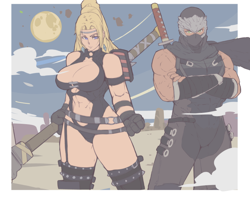 1boy, 1girl, abs, belt, black_scarf, blonde_hair, border, breasts, cape, circlet, cleavage, cleavage_cutout, clenched_hand, clothing_cutout, commentary, crossed_arms, dragon_sword, earrings, english_commentary, full_moon, headband, high_ponytail, holding, holding_weapon, jewelry, katana, kunai, leather, looking_at_viewer, mask, masked, michel_teru, moon, mouth_mask, naginata, ninja, ninja_gaiden, ninja_mask, o-ring, o-ring_belt, outdoors, polearm, ponytail, rachel_(ninja_gaiden), ryu_hayabusa, scarf, shoulder_plates, simple_background, studded_legwear, sword, upper_body, weapon, white_border