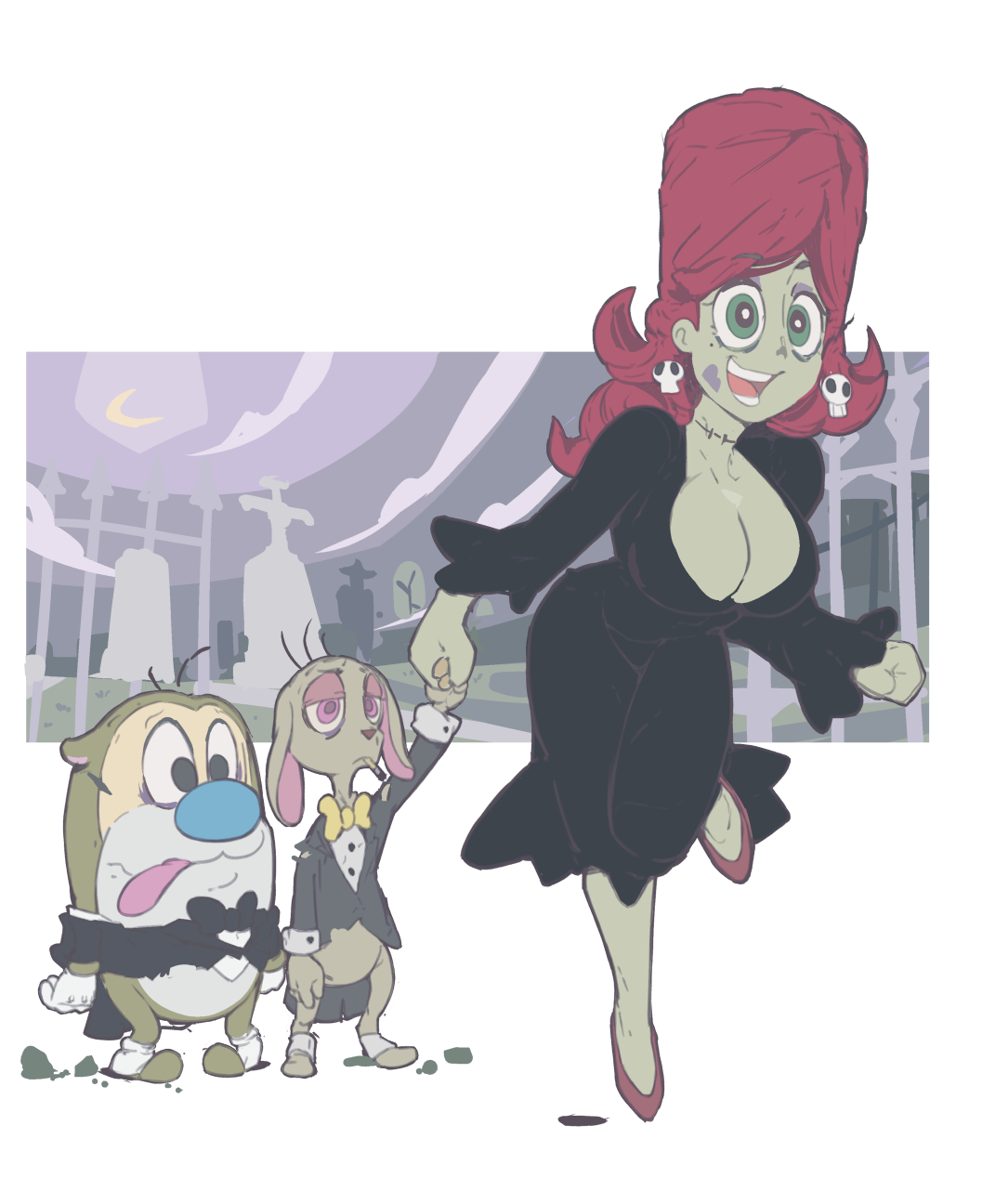 1girl, 2boys, atrocia_(grim_adventures), big_hair, breasts, chihuahua, cigarette, cleavage