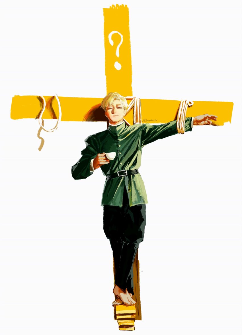 1boy, ?, barefoot, belt, black_belt, blonde_hair, book, buttons