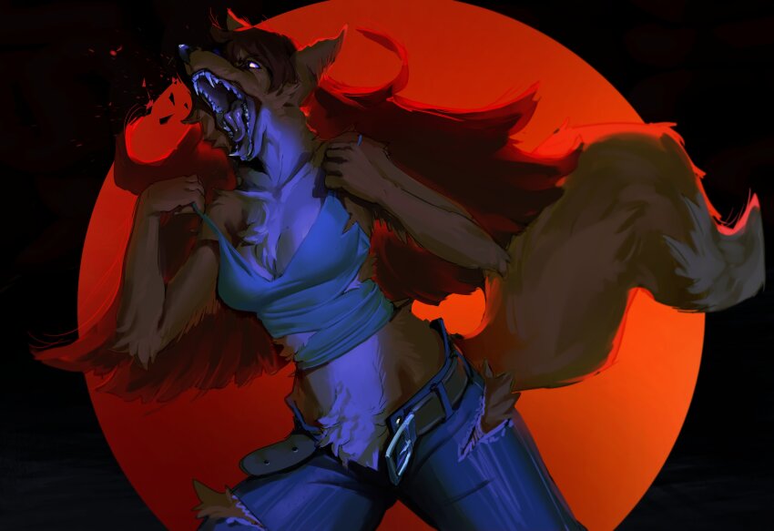 1girl, absurdres, austinarts, belt, breasts, brown_fur, brown_hair, camisole