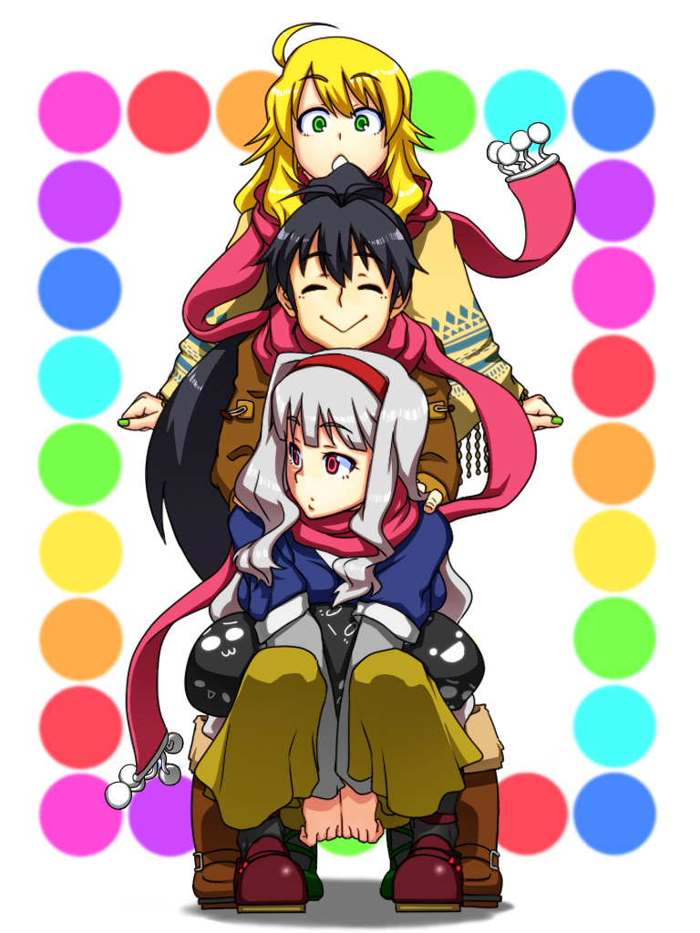 3girls, bad_id, bad_pixiv_id, black_hair, blonde_hair, boots, bppts, closed_eyes, ganaha_hibiki, green_eyes, hairband, hoshii_miki, idolmaster, idolmaster_(classic), lve1840, multiple_girls, red_scarf, scarf, shared_clothes, shared_scarf, shijou_takane, silver_hair, smile, tonegawa_ribu