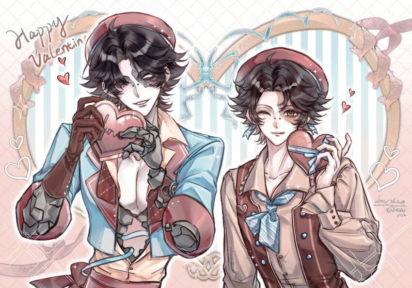 2boys, artist_name, beret, black_eyes, black_hair, blue_neckerchief, blue_ribbon, brown_eyes