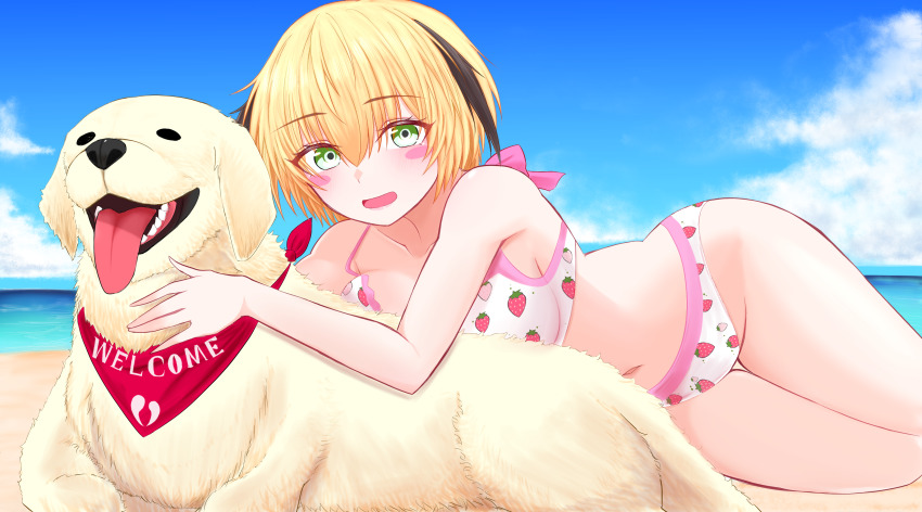 1girl, absurdres, aned_(fate), bare_shoulders, beach, bikini, blonde_hair, blue_sky, blush_stickers, breasts, cleavage, commentary_request, dog, fate/grand_order, fate_(series), food_print, fruit_print, gareth_(fate), gareth_(swimsuit_saber)_(fate), gareth_(swimsuit_saber)_(second_ascension)_(fate), green_eyes, hair_flaps, highres, looking_at_viewer, lying, mcpc_zamurai, medium_breasts, on_side, open_mouth, pink_bikini, short_hair, sky, smile, strawberry_print, swimsuit, thighs