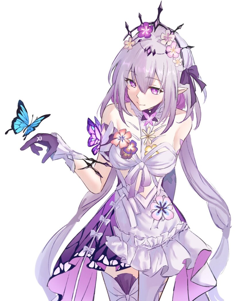 1girl, arm_behind_back, bare_shoulders, black_tiara, breasts, bright_pupils, bug, butterfly