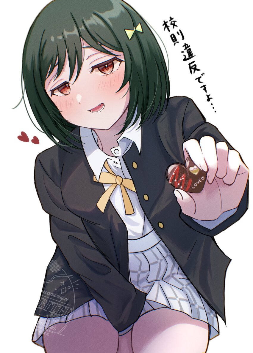 1girl, :d, between_legs, black_jacket, blush, candy, chocolate, chocolate_heart