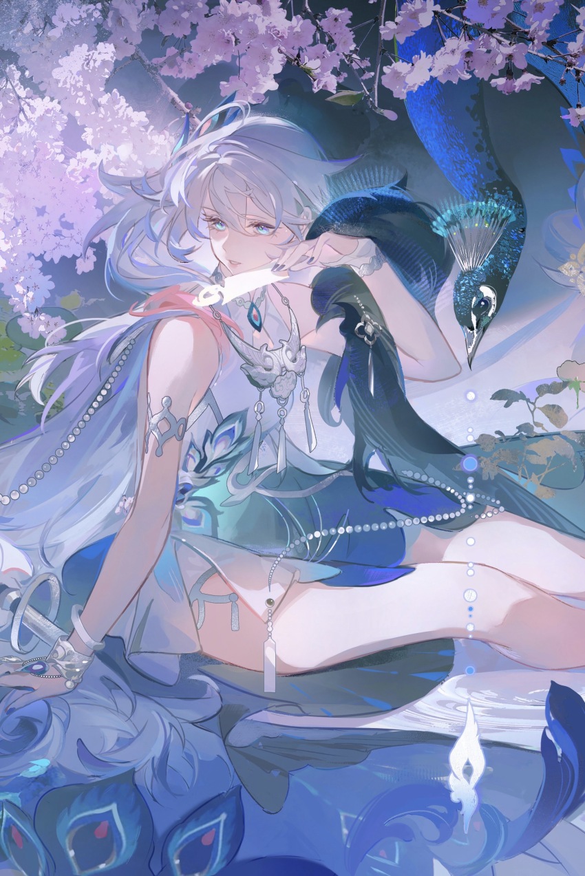 1girl, absurdres, aqua_dress, bare_shoulders, bird, bracelet, bridal_gauntlets, chinese_clothes, chinese_commentary, commentary_request, dress, floating_hair, friday_xiao_xingxing, hair_between_eyes, hand_up, highres, holding, honkai:_star_rail, honkai_(series), jewelry, long_hair, looking_to_the_side, parted_lips, peacock, peafowl, single_bridal_gauntlet, sitting, solo, white_bridal_gauntlets, white_dress, white_hair, yao_guang_(honkai:_star_rail)