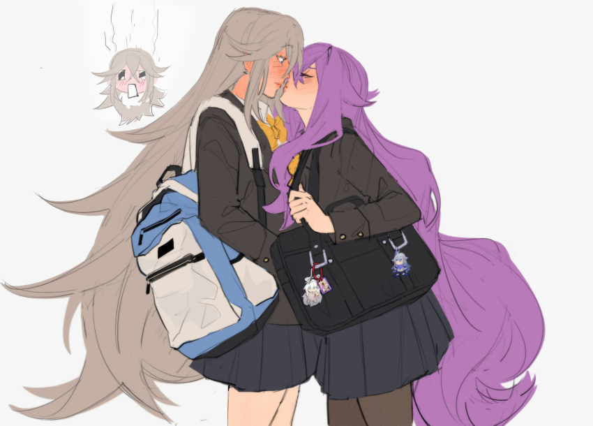 2girls, absurdres, backpack, bag, bag_charm, bella_(honkai_impact), benares_(honkai_impact), black_bag