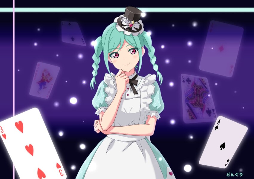 1girl, ace_(playing_card), ace_of_diamonds, ace_of_spades, apron, aqua_dress, black_hat, black_ribbon