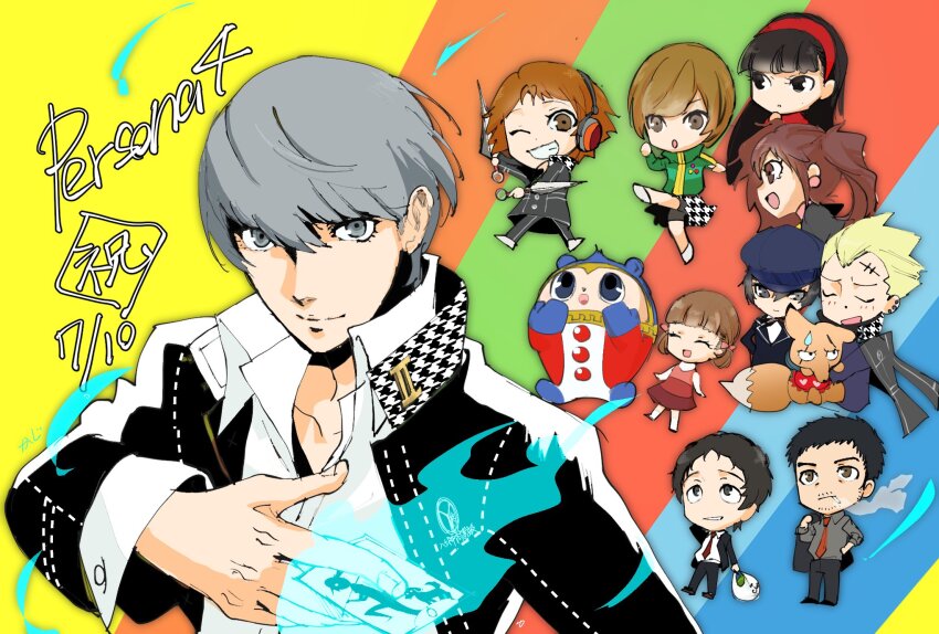 5girls, 6+boys, adachi_tooru, ajirostudio, amagi_yukiko, animal, black_eyes, black_hair, black_jacket, black_pants, blonde_hair, brown_eyes, brown_hair, card, chibi, child, cigarette, closed_eyes, closed_mouth, collared_shirt, copyright_name, doujima_nanako, doujima_ryoutarou, formal_clothes, fox, green_jacket, grey_eyes, grey_hair, grey_shirt, hanamura_yousuke, hashtag-only_commentary, highres, holding, holding_animal, holding_card, holding_kunai, holding_weapon, houndstooth, jacket, kitsune_(persona_4), kujikawa_rise, kuma_(persona_4), kunai, long_sleeves, looking_at_viewer, multiple_boys, multiple_girls, narukami_yu, necktie, open_clothes, open_jacket, open_mouth, pants, persona, persona_4, red_necktie, satonaka_chie, scar, scar_on_face, school_uniform, shirogane_naoto, shirt, short_hair, simple_background, skirt, smile, smoke, smoking, standing, suit, tarot, tarot_card, tatsumi_kanji, the_fool_(tarot), upper_body, weapon, white_shirt, yasogami_school_uniform