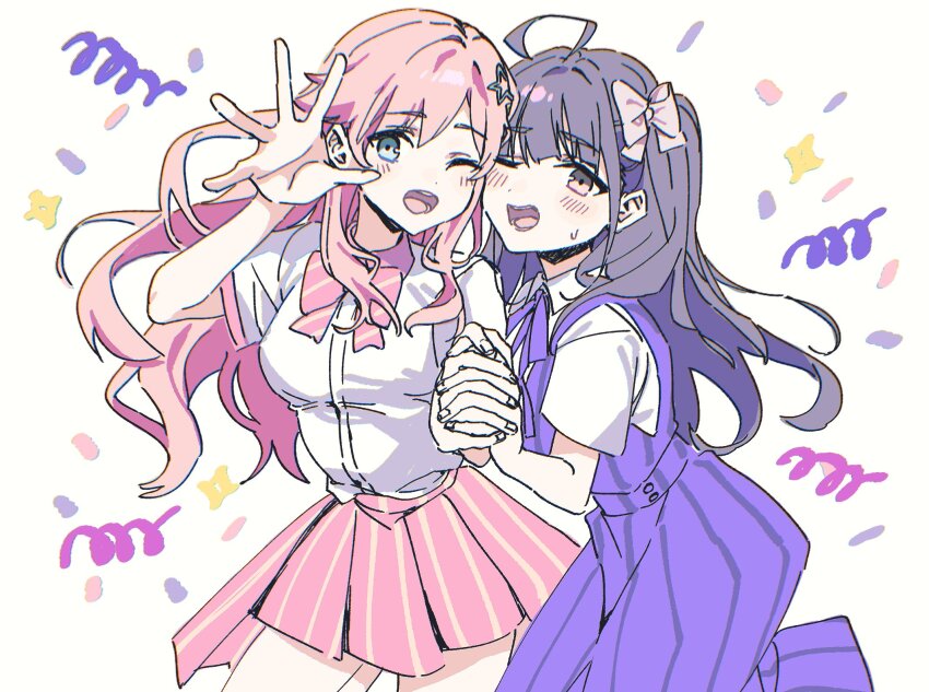 2girls, ;d, ahoge, blue_eyes, blush, bow, bowtie, breasts