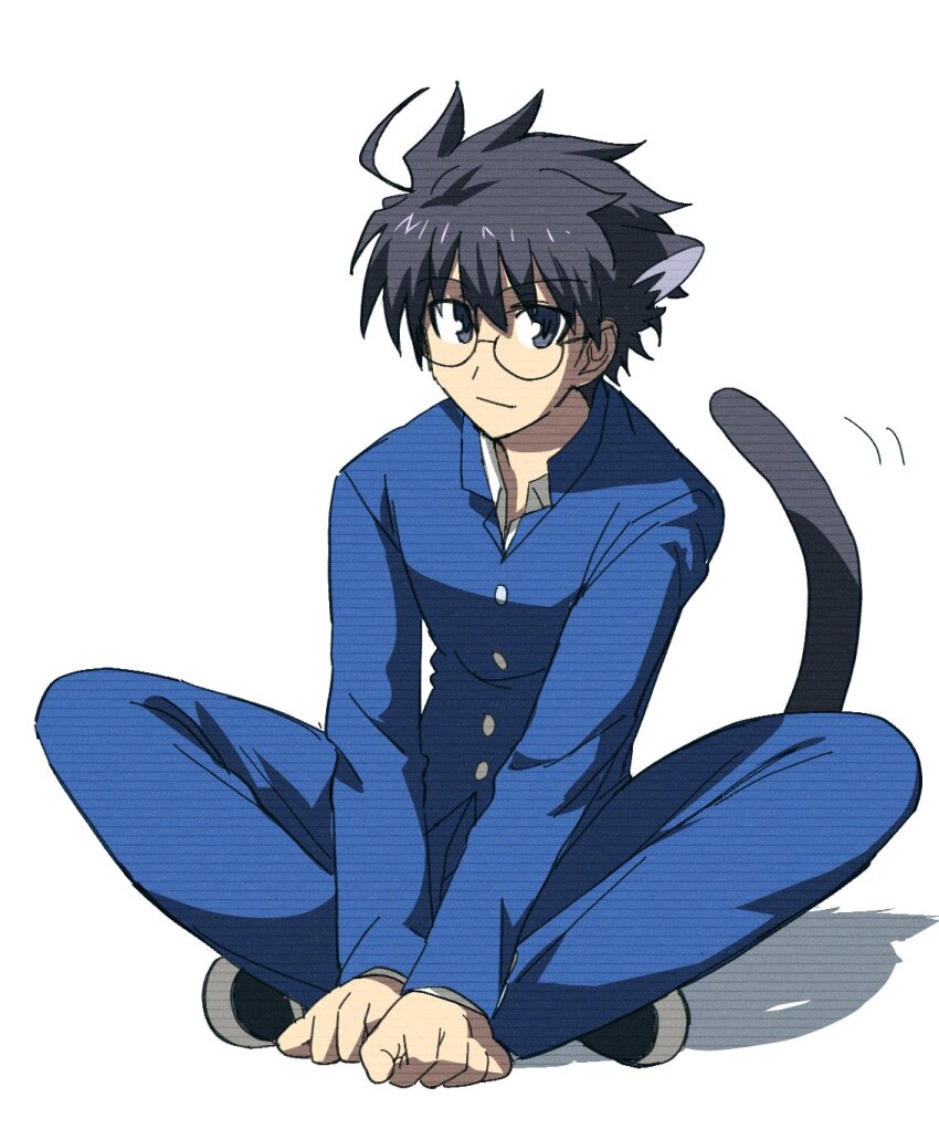1boy, animal_ear_fluff, animal_ears, arm_support, black_eyes, black_hair, blue_jacket, blue_pants
