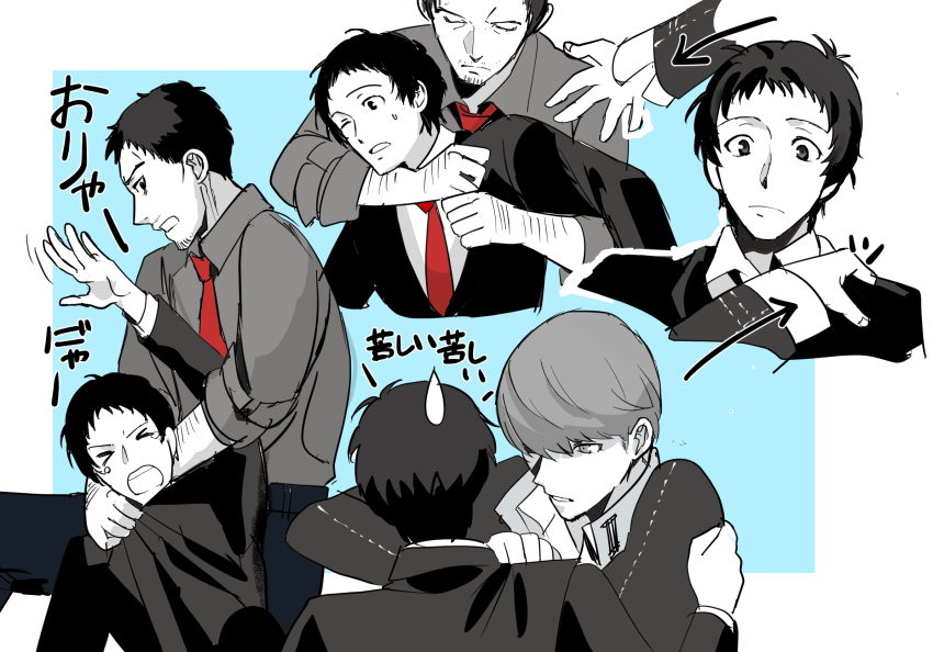 3boys, adachi_tooru, ajirostudio, arm_up, blue_background, closed_eyes, clothes_grab, collared_shirt