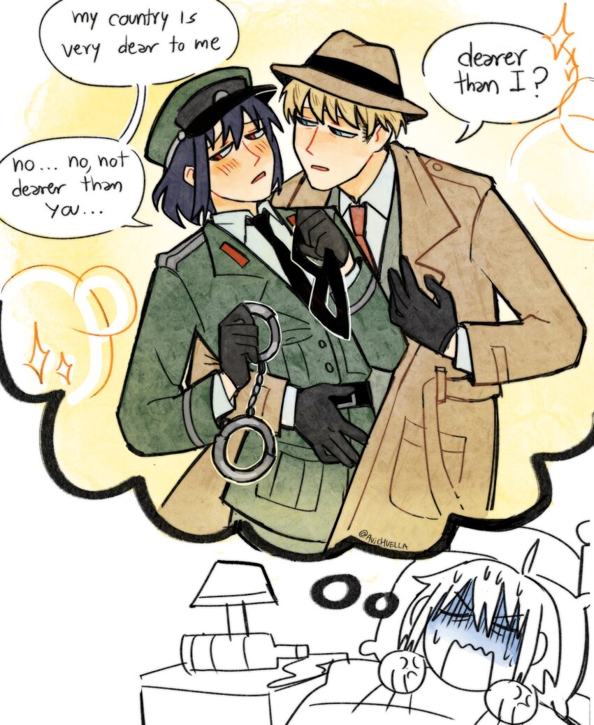 2boys, ahoge, avichuella, bed, high-waist_belt, black_gloves, black_hair, black_necktie, blonde_hair, blue_eyes, blush, bottle, brown_hat, brown_jacket, bubble, cuffs, desk_lamp, dreaming, eye_mask, fedora, flustered, gloves, green_hat, green_jacket, hand_on_another's_waist, handcuffs, hat, high_collar, highres, holding, holding_handcuffs, implied_yaoi, jacket, lamp, lapels, long_sleeves, looking_at_another, looking_to_the_side, male_focus, mask, medium_hair, multiple_boys, necktie, open_mouth, partially_colored, pillow, red_eyes, red_necktie, shirt, short_hair, shoulder_pads, simple_background, sketch, sparkle, speech_bubble, spilled_drink, spy_x_family, talking, thought_bubble, twilight_(spy_x_family), under_covers, upper_body, wavy_mouth, white_background, white_shirt, yellow_background, yuri_briar