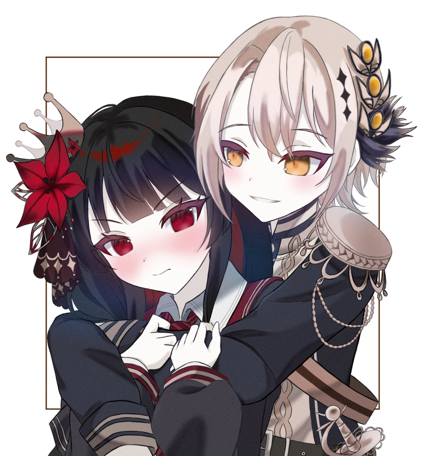 2girls, aiguillette, belt, belt_buckle, black_belt, black_hair, black_shirt, blonde_hair, blunt_bangs, blush, border, buckle, closed_mouth, commentary_request, couple, crown, embarrassed, epaulettes, flower, front-to-back, gloves, grin, hair_flower, hair_ornament, hanahana_201215, hasumi_leia, highres, holding_another's_arm, hug, hug_from_behind, long_hair, long_sleeves, looking_at_another, mahou_shoujo_no_majo_saiban, military_uniform, mini_crown, multiple_girls, nikaido_hiro, nose_blush, pale_skin, pointed_crown, pommel, red_eyes, red_flower, sash, shirt, short_hair, shoulder_sash, sidelocks, simple_background, sleeve_cuffs, smile, swept_hilt, tilted_headwear, tsurime, upper_body, v-shaped_eyebrows, white_background, white_gloves, wing_collar, wolf_cut, yellow_eyes, yuri