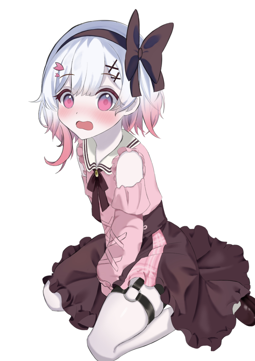 1girl, bare_shoulders, between_legs, blush, bow, bow_hairband, brooch, brown_bow, brown_hairband, brown_ribbon, brown_shoes, brown_skirt, center-flap_bangs, clothing_cutout, commentary_request, cross-laced_clothes, cross-laced_sleeves, double-parted_bangs, embarrassed, frilled_skirt, frilled_sleeves, frills, full_body, garter_straps, gradient_hair, hair_ornament, hairband, hanahana_201215, hand_between_legs, highres, jewelry, jirai_kei, juliet_sleeves, long_sleeves, looking_at_viewer, mahou_shoujo_no_majo_saiban, miniskirt, multicolored_hair, neck_ribbon, nose_blush, o-ring, o-ring_thigh_strap, official_alternate_costume, open_mouth, pale_skin, pantyhose, pink_eyes, pink_hair, pink_shirt, plaid_clothes, plaid_skirt, puffy_sleeves, ribbon, sailor_collar, sakuraba_ema, shirt, shoes, short_hair, shoulder_cutout, simple_background, sitting, skindentation, skirt, solo, thigh_strap, two-tone_hair, two-tone_skirt, wariza, white_background, white_hair, white_pantyhose, white_sailor_collar, wide-eyed, x_hair_ornament