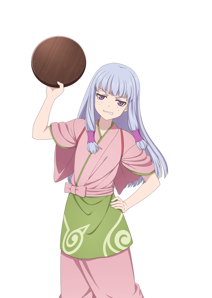 1girl, agria_(tales), agria_(waitress)_(tales), angry, freckles, game_cg, hair_rings, hand_on_own_hip, holding, holding_tray, japanese_clothes, kimono, long_hair, low-tied_sidelocks, nakai_(waitress), official_alternate_costume, official_art, purple_eyes, purple_kimono, sidelocks, tales_of_(series), tales_of_asteria, tales_of_xillia, transparent_background, tray, white_hair, yukata