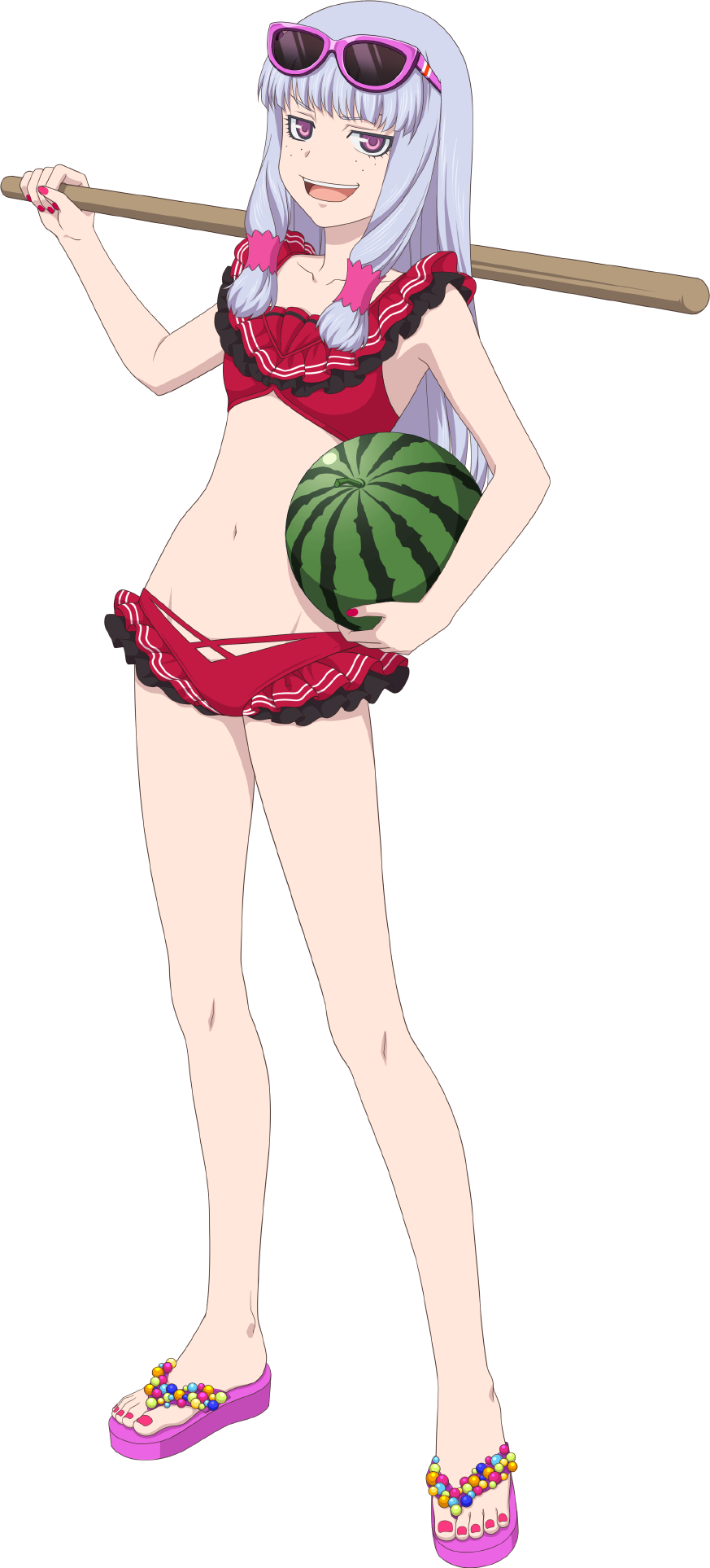 1girl, agria_(midsummer_girl)_(tales), agria_(tales), bikini, blunt_bangs, eyewear_on_head, flip-flops, food