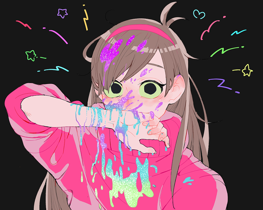 1girl, bill_cipher, black_background, brown_hair, colored_sclera, commentary_request, gravity_falls, hairband, long_hair, looking_at_viewer, mabel_pines, neg_50asu, pink_hairband, pink_sweater, possessed, rainbow_blood, solo, sweater, upper_body, very_long_hair, yellow_sclera