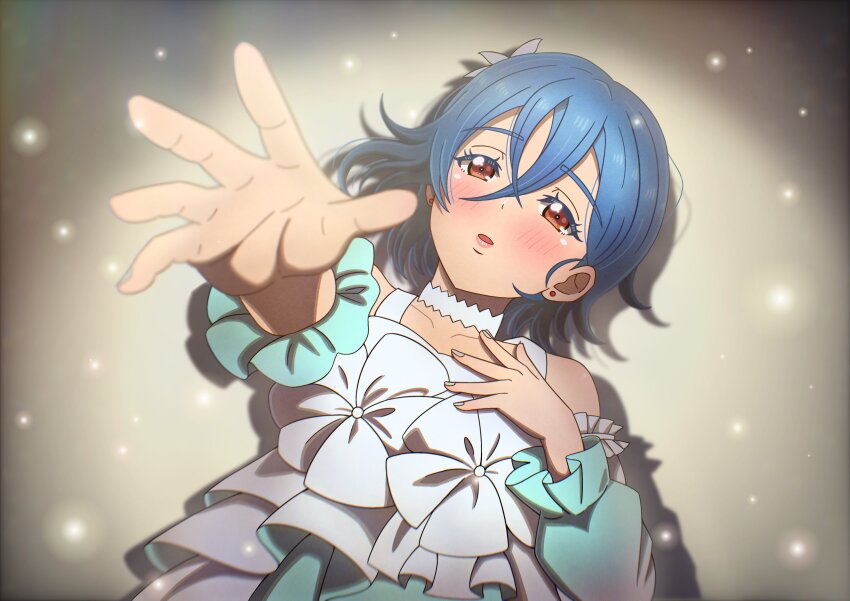 1girl, absurdres, blue_hair, choker, commentary, crossed_bangs, earrings, grey_nails, hair_between_eyes, hand_on_own_chest, highres, jewelry, lilia_(love_live!), lips, long_sleeves, love_live!, love_live!_superstar!!, lying, masha_(m_i_liella), official_alternate_costume, on_back, open_hands, outstretched_arm, parted_lips, red_eyes, solo, stud_earrings, upper_body, wakana_shiki, white_choker