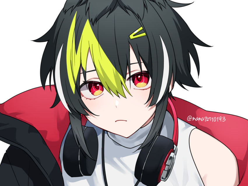1boy, black_hair, commentary, frown, green_hair, hair_ornament, hairclip, headphones