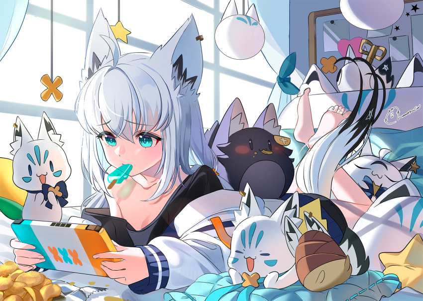 1girl, ahoge, animal_ear_fluff, animal_ear_piercing, animal_ears, aqua_eyes, barefoot, black_shirt