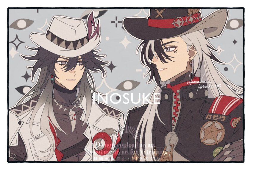 2boys, ashveil_(honkai:_star_rail), badge, black_hair, boothill_(honkai:_star_rail), commentary_request, cowboy_hat, cyborg