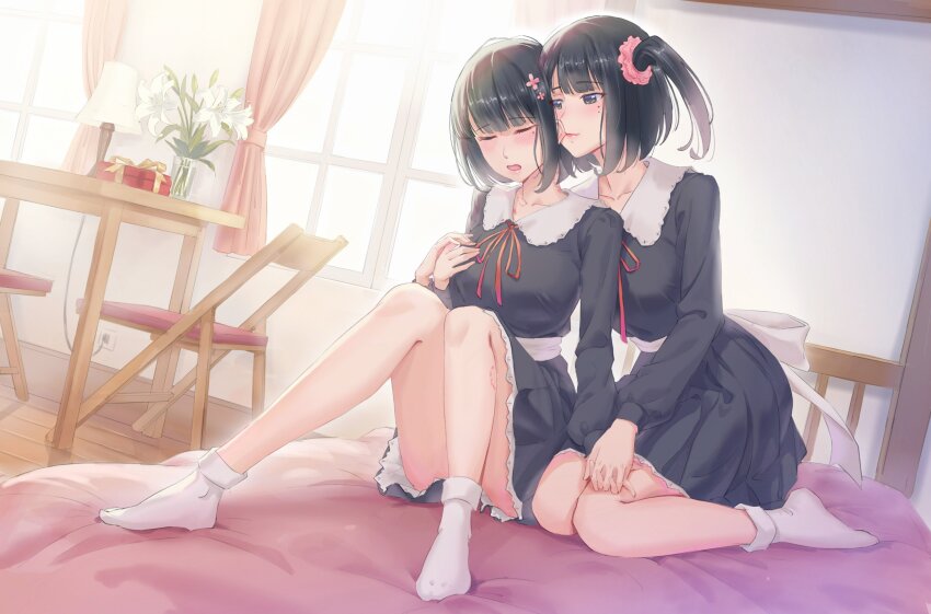 2girls, absurdres, biting, biting_ear, black_dress, black_eyes, black_hair, chair